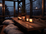 Fotografía que muestra un rincón de comedor rústico, madera reciclada combinada con acabados modernos bajo la suave luz de velas, con un paisaje nevado afuera.