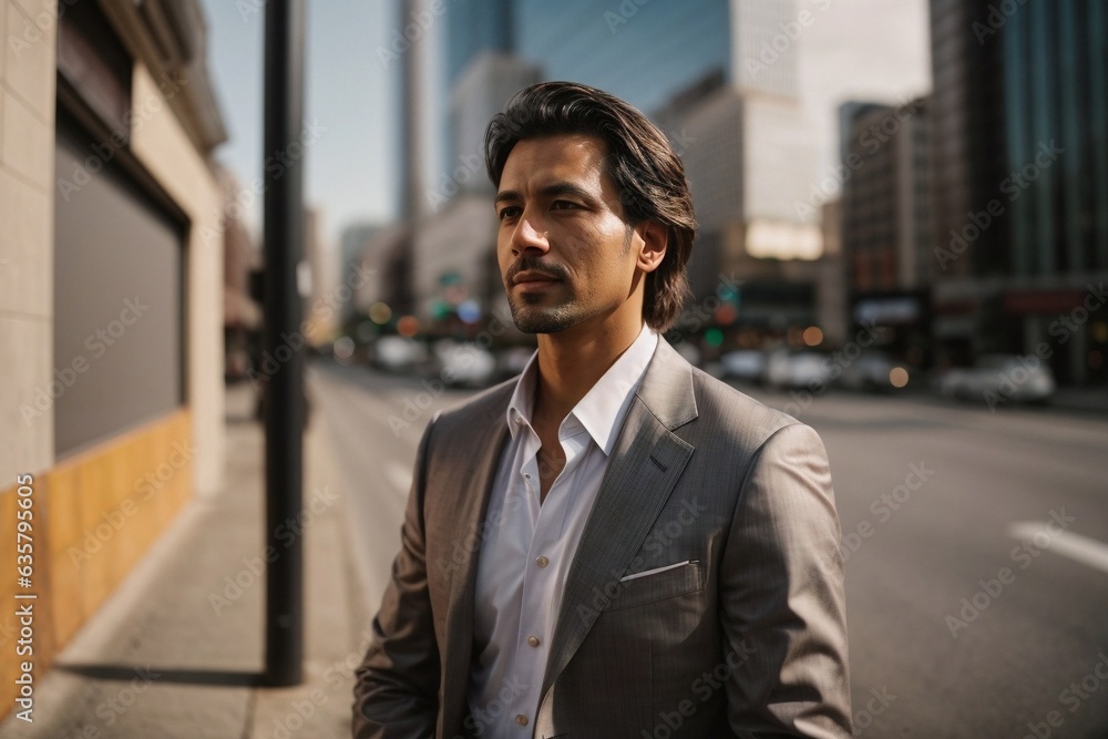 A man standing next to a building on a street A man standing next to a building on a street