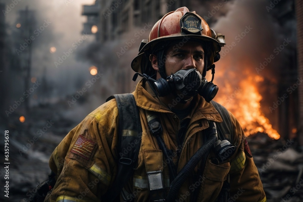 A brave firefighter battling a raging inferno at a burning building