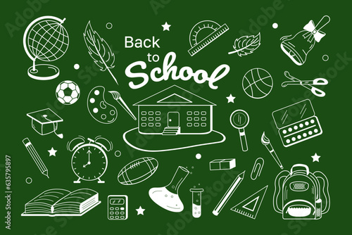 Vector Set Back to school doodle white line on green blackboard background. Modern teaching learning
