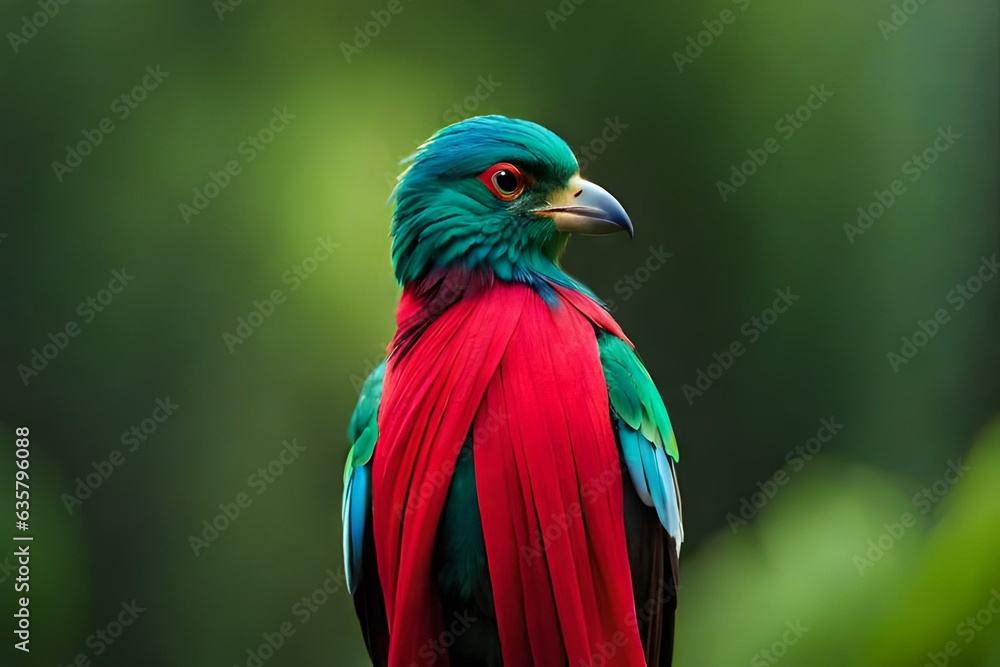 Resplendent Quetzal, Pharomachrus mocinno, from Chiapas, Mexico with blurred green forest in background. Magnificent sacred green and red bird. Detail forest hidden of Resplendent Quetzal