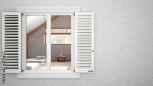 Exterior plaster wall with white window with shutters  showing interior meditation room  blank background with copy space  architecture design concept idea  mockup template