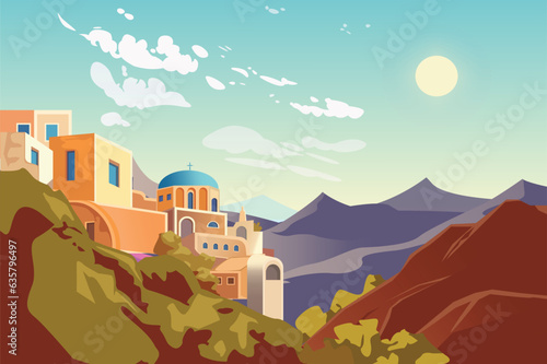 Background city in the mountains. A breathtaking illustration of a city nestled amidst majestic mountains  beautifully designed. Vector illustration.