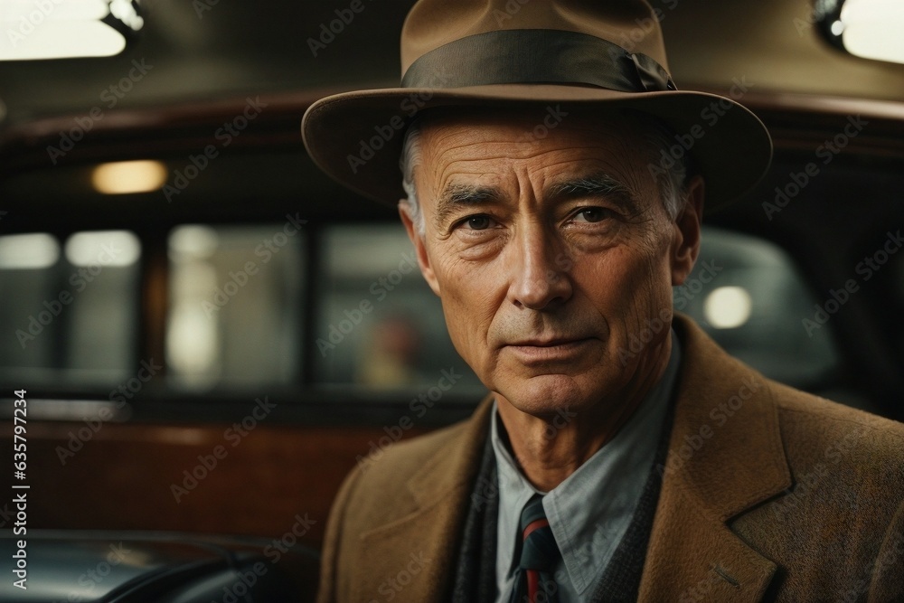 A well-dressed man in a stylish hat sitting in a vintage car A well-dressed man in a stylish hat sitting in a vintage car