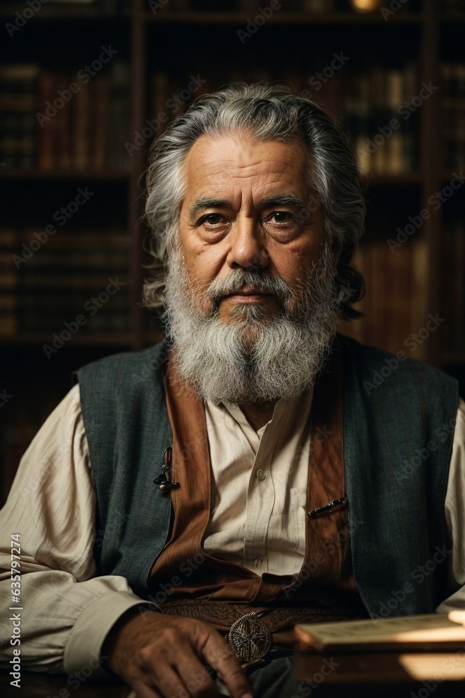 A bearded man sitting in front of a bookshelf A bearded man sitting in front of a bookshelf