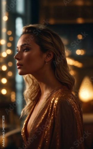 A woman in a gold dress gazing into the horizon
