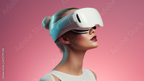 Young woman wearing stylish VR (virtual reality) headset. Future gadget concept. Generative AI.