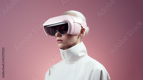 Young woman wearing stylish VR (virtual reality) headset. Future gadget concept. Generative AI.