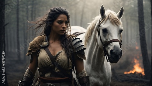 A powerful woman in armor standing proudly next to her majestic white horse