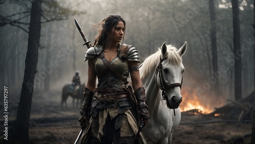 A woman with a sword standing next to a horse photo