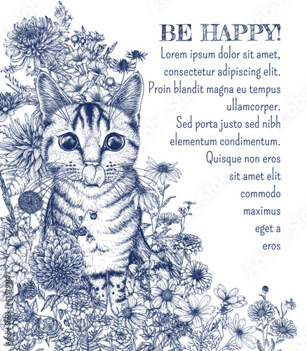 Vector illustration of a striped cat among autumn flowers. Dahlia, cosmos, zinnia, marigold, calendula, rudbeckia, gladiolus, datura, eryngium, allium, chrysanthemum, lobelia in engraving style