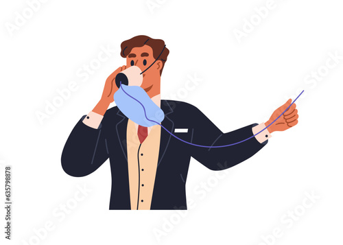 Flight attendant wearing oxygen mask. Airplane steward instructing on air plane rules. Safety instruction for aircraft, onboard emergency. Flat vector illustration isolated on white background