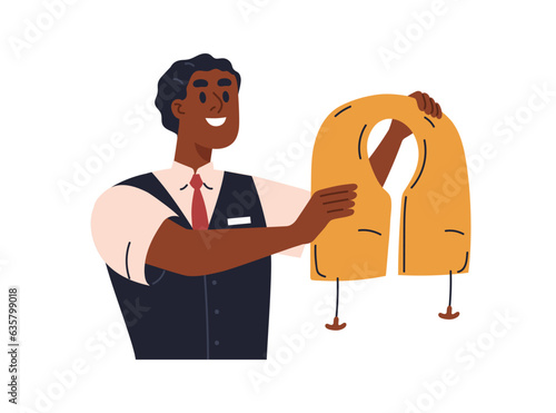 Flight attendant showing life vest during safety instructions in airplane. Black man steward instructing, explaining, demonstrating security rules for air plane emergency. Flat vector illustration
