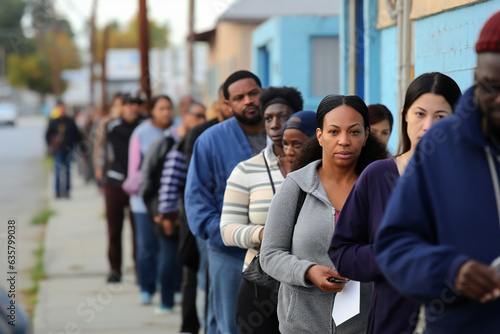 People in line waiting with food stamps waiting at for soup kitchen, signs of poverty