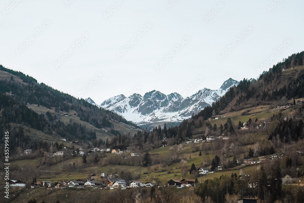 mountain village in the Austrian Alps. Mountain landscape with houses and farms