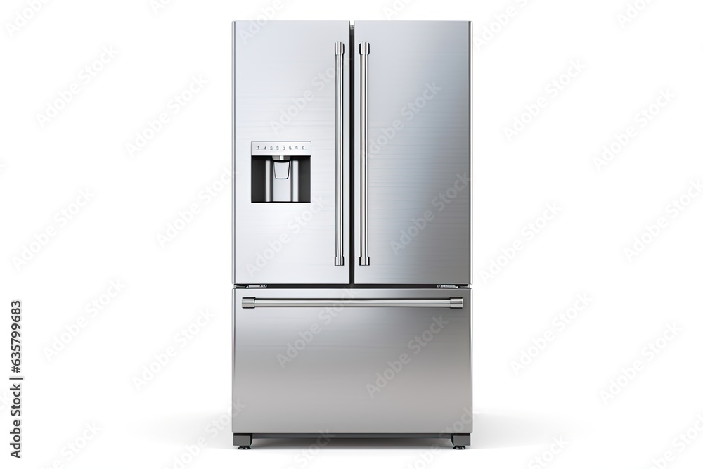 Stainless steel counter depth side by side French door fridge freezer with food isolated on white background. Stainless steel counter depth side by side French door fridge freezer with food isolated on white background.