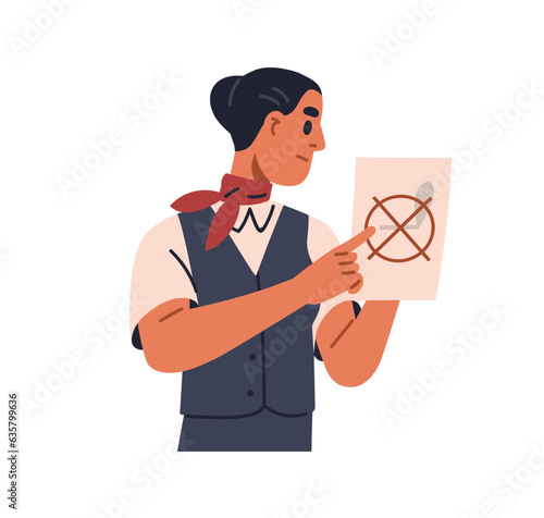 Stewardess showing Smoking ban, prohibition sign in airplane. Flight attendant, crossed cigarette symbol. Safety air plane rules, instructions. Flat vector illustration isolated on white background