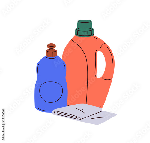 Cleaning chemicals, home detergents in plastic bottles and wiper. Washing cleansing sanitary liquid products, supplies in packages, containers. Flat vector illustration isolated on white background