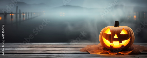 One spooky halloween pumpkin, Jack O Lantern, with an evil face and eyes on a wooden bench, table with a misty gray coastal night background with space for product placement. Generative AI.