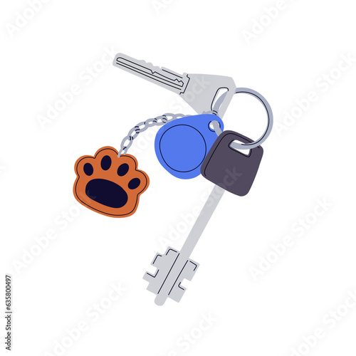 House door keys, magnet and cute trinket hanging on keyring, keyholder. Keychain, ring with paw pendant. Home, apartment locking accessories. Flat vector illustration isolated on white background