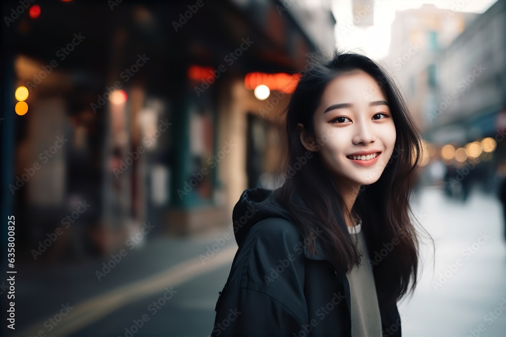 Portrait of a beautiful Asian woman, a young woman in the city on the street, a happy woman smiles,