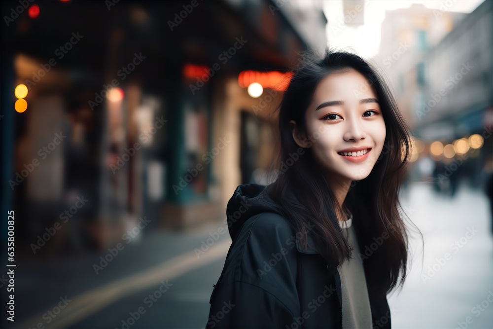 Fototapeta premium Portrait of a beautiful Asian woman, a young woman in the city on the street, a happy woman smiles,