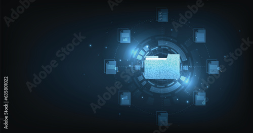 Document management and digital document paperless operation concept. Document management and Data transfer through cloud technology with modern internet technology on the dark blue background.