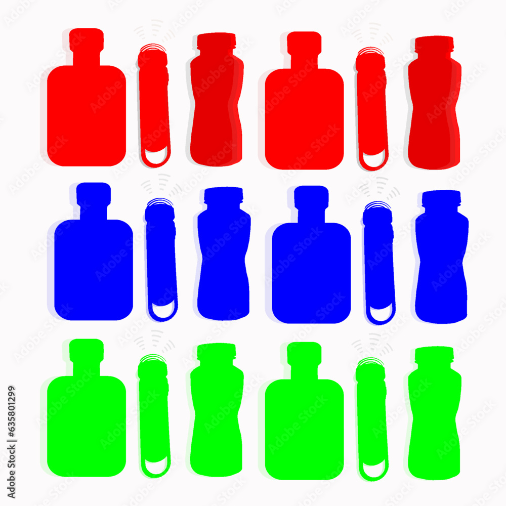 vector illustration of a bottle and a flashlight in different colors vector illustration of a bottle and a flashlight in different colors