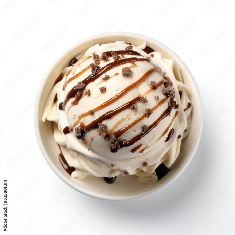 Top view of big scoop of vanilla ice cream poured with chocolate isolate on white background Top view of big scoop of vanilla ice cream poured with chocolate isolate on white background