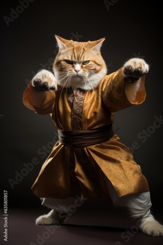 Portrait, Black belt cat, Karate, Kung fu, Kungfu, Poster, Martial. KARATE KITTEN! (THE ULTIMATE BATTLE). Trained feline in kungfu luxury uniform taken in fighting pose. Paws up!