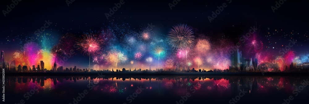 Generative AI of Festival fireworks banner frame. Abstract colorful firework display for holiday and celebrations in the starry night sky, Copy space for text, New year holiday concept. - obrazy, fototapety, plakaty 