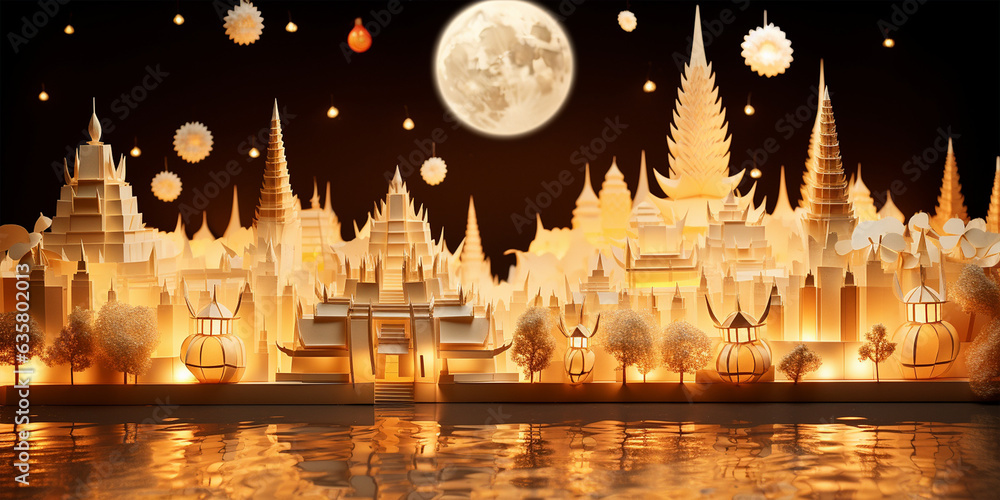 Fototapeta premium Beautiful creative holiday background with fireworks and Sparkling. Panorama of over Chao Phraya River in Bangkok Thailand. Generative AI of Bas relief paper sculpture
