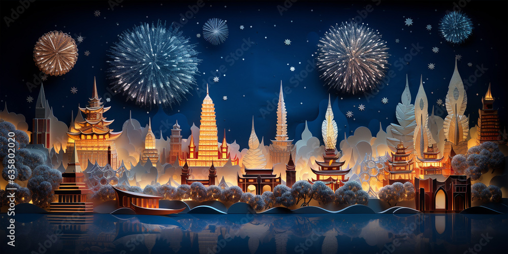 Beautiful creative holiday background with fireworks and Sparkling. Panorama of over Chao Phraya River in Bangkok Thailand. Generative AI of  Bas relief paper sculpture - obrazy, fototapety, plakaty 