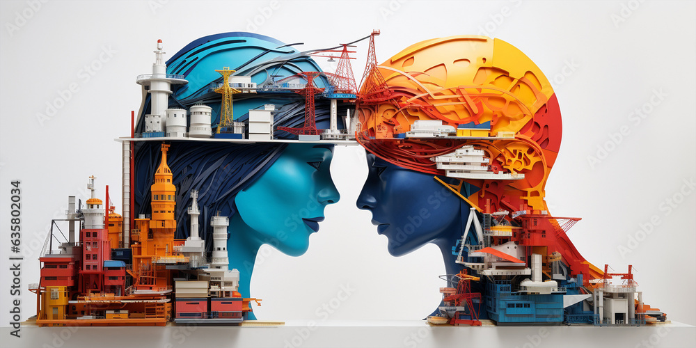 Digital art on woman's head with Future container ship loading and unloading at sea port, freight transportation, nautical vessel, Overseas transportation international order concept. Generative ai - obrazy, fototapety, plakaty 
