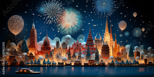 Beautiful creative holiday background with fireworks and Sparkling. Panorama of over Chao Phraya River in Bangkok Thailand. Generative AI of Bas relief paper sculpture