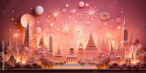 Beautiful creative holiday background with fireworks and Sparkling. Panorama of over Chao Phraya River in Bangkok Thailand. Generative AI of Bas relief paper sculpture