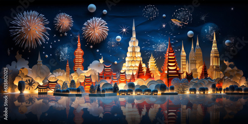 Beautiful creative holiday background with fireworks and Sparkling. Panorama of over Chao Phraya River in Bangkok Thailand. Generative AI of Bas relief paper sculpture 