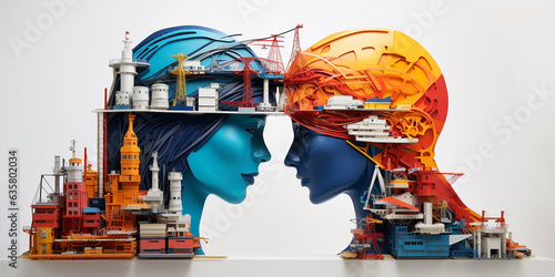 Digital art on woman's head with Future container ship loading and unloading at sea port, freight transportation, nautical vessel, Overseas transportation international order concept. Generative ai