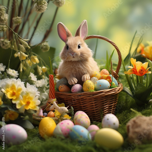 Lovely bunny easter fluffy baby rabbit sitting in the basket with colorful easter eggs on green garden nature with flowers background in summer. Easter day festival out of Generative AI.
