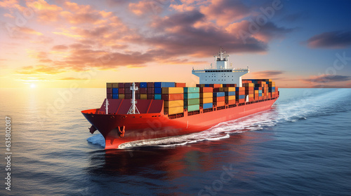 Aerial view cargo ship transportation of business logistic sea freight, Cargo ship, Cargo container in factory harbor at industrial estate for import export with Generative AI technology.