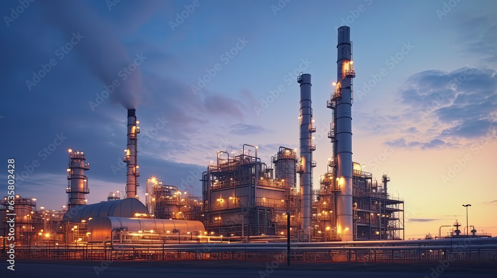 Fototapeta premium Oil refinery plant for crude oil industry on desert in evening twilight, energy industrial machine for petroleum gas production background, Generative AI