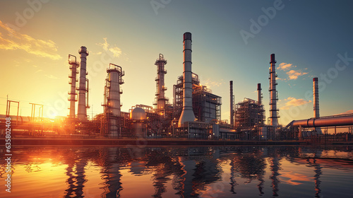 Oil refinery plant for crude oil industry on desert in evening twilight, energy industrial machine for petroleum gas production background, Generative AI