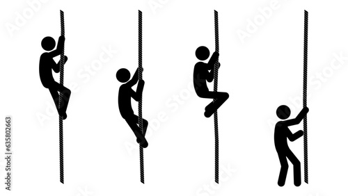 Set of stick figures rope climbing, flat vector illustration.