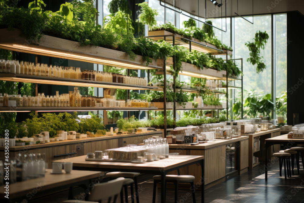 Modern eco-cafe with hydroponic microgreen growing systems, dining tables and chairs. Generative AI
