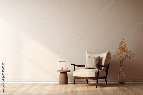 a minimal room with cream walls, warm tones, an armchair, and decorations.