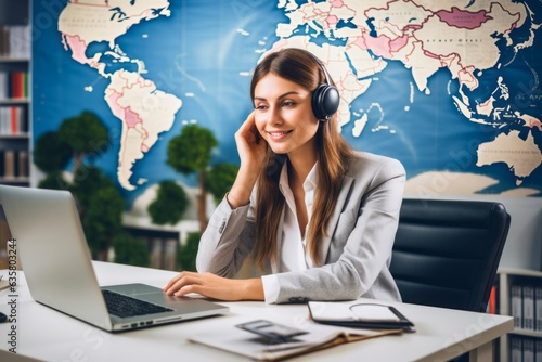 Woman manager of travel agency sits at office desk and holds passport with visas and plane tickets. Tour operator company representative in headphones near giant map of world helps to travel photo