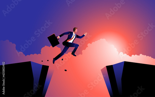 Businessman fearlessly jumps over a ravine. A depiction of conquering challenges, overcoming obstacles, and embracing optimism and determination in the business world