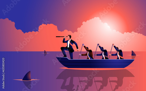 Businessmen united in courage as they row a boat across shark-infested waters, embodying the essence of teamwork, leadership, and triumph against adversity