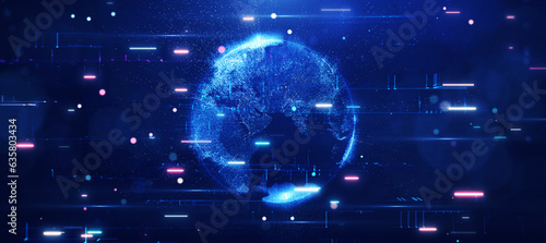 Cyber digital technology concept abstract globe on dark blue background. The era of business communications connects to wireless internet networks around the world. Internet of Things (IoT).