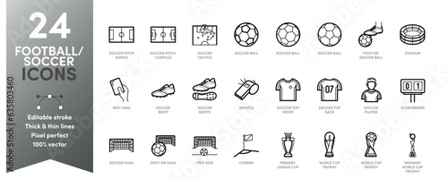 24 Football / Soccer Icon set featuring unique icons with thick & thin lines, editable stroke and scalable to any size.